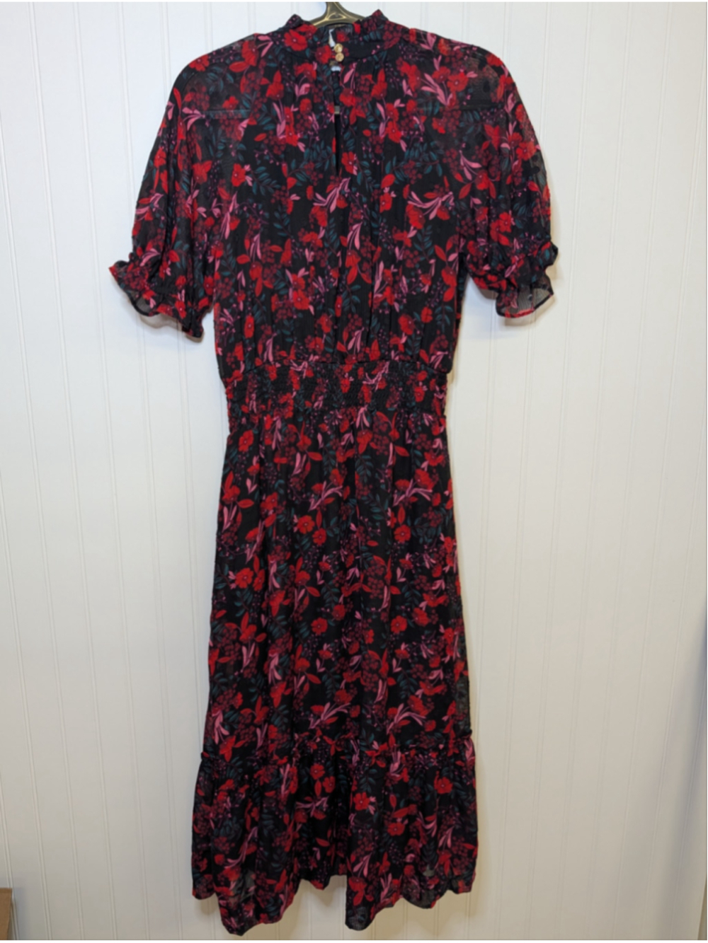 Draper James Clip Dot Floral Puff Sleeve Smocked Midi Dress XS Black Red - Picture 8 of 8